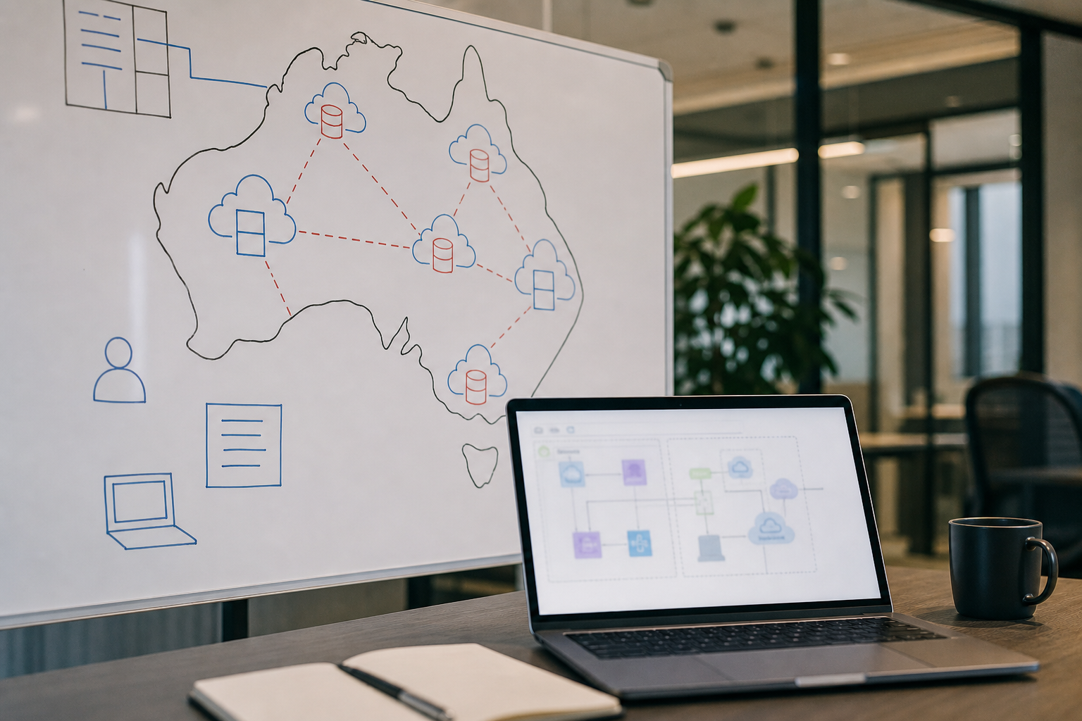 Cloud architecture diagram with Australian region hosting and backup paths