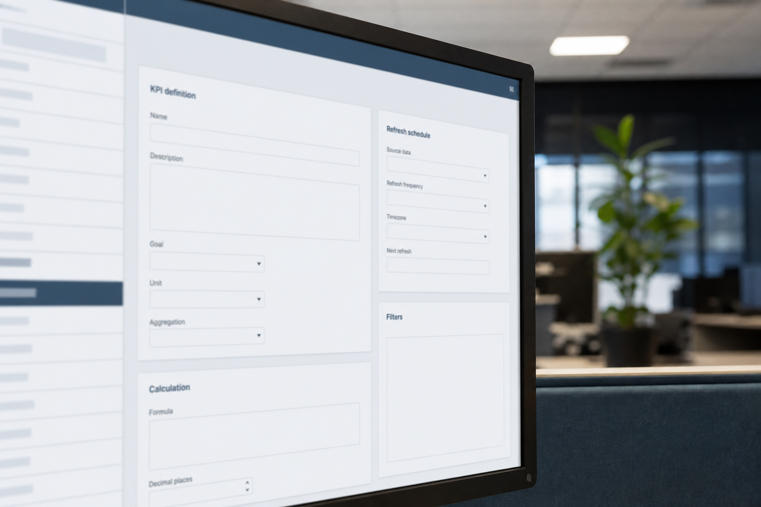 Report definition panel showing KPI calculation and refresh schedule