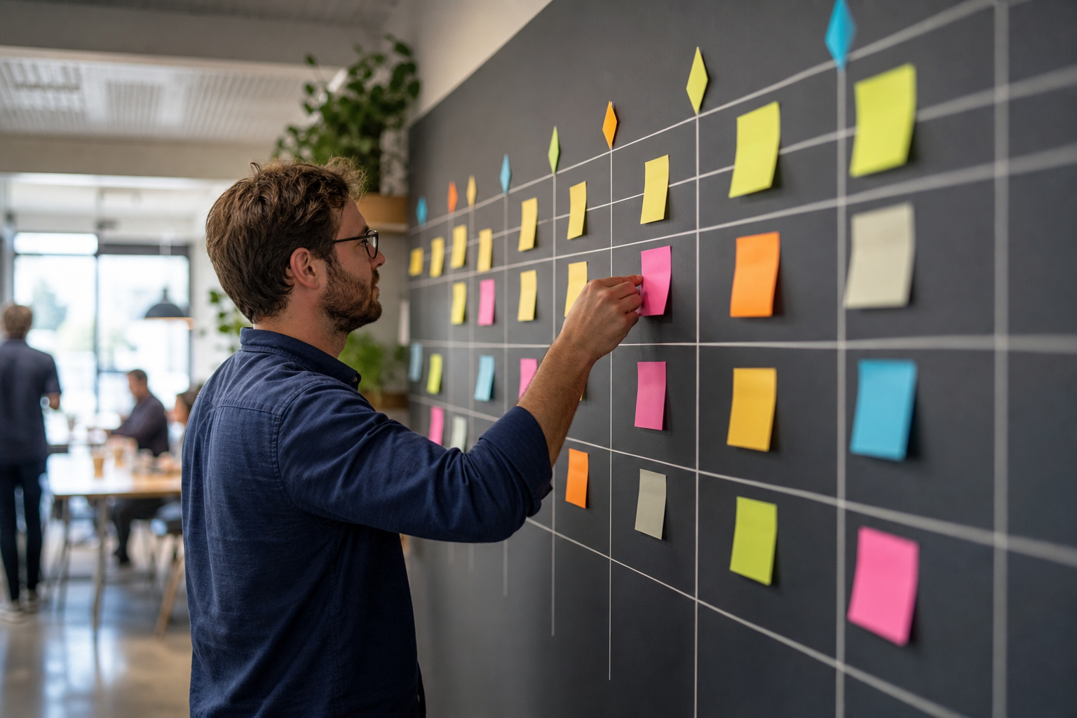 Project planning board with development milestones
