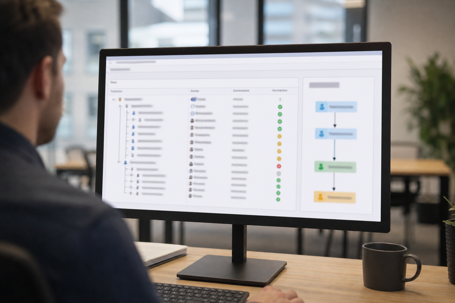 Account hierarchy management screen with role assignments and approval routing