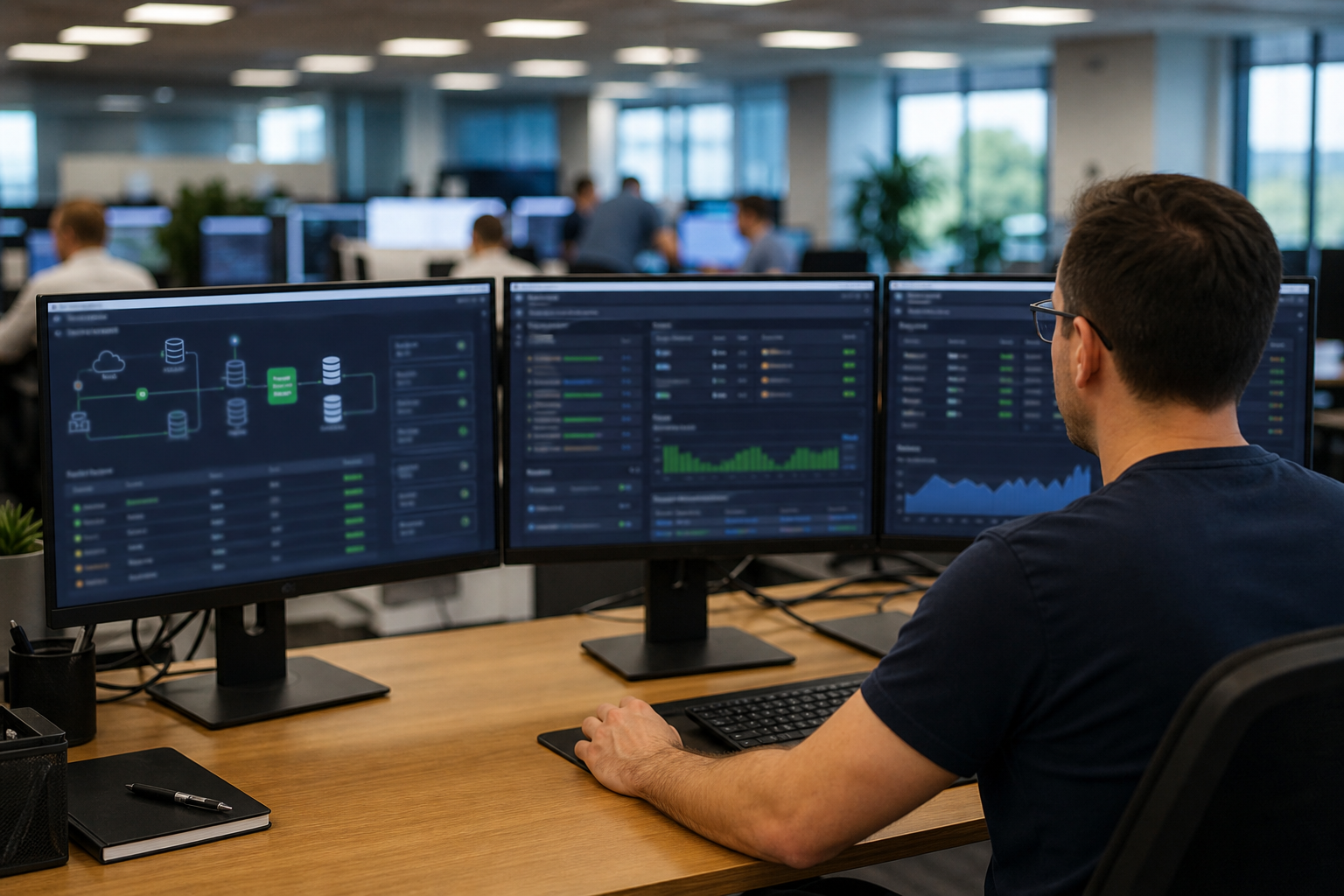 Integration hub monitoring dashboard with sync status across CRM, warehouse, and finance