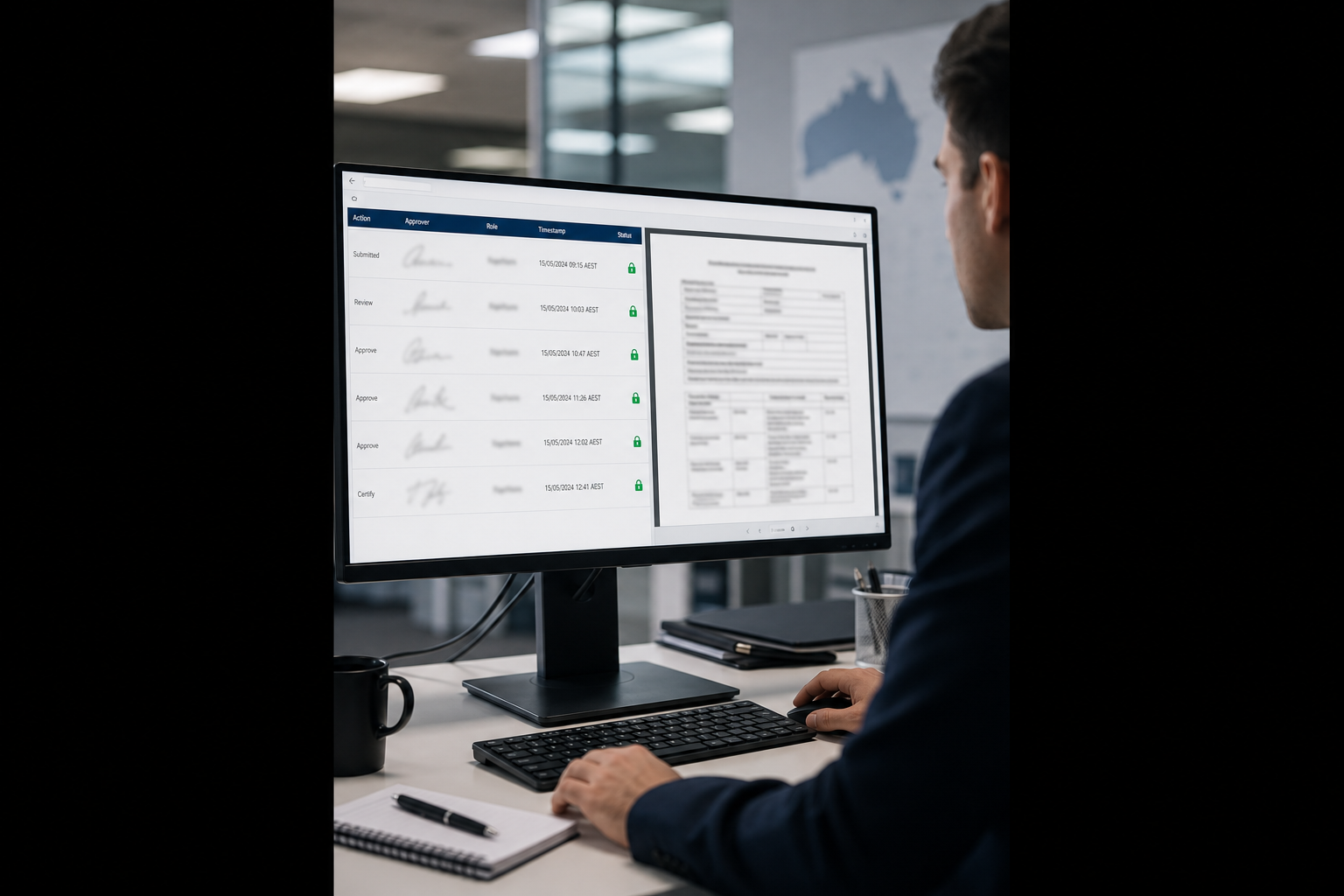 Submission audit trail showing approver signatures and locked report snapshot
