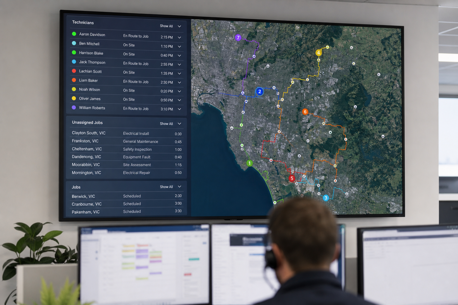 Dispatch board with technician routes, SLA timers, and skill-based job assignments