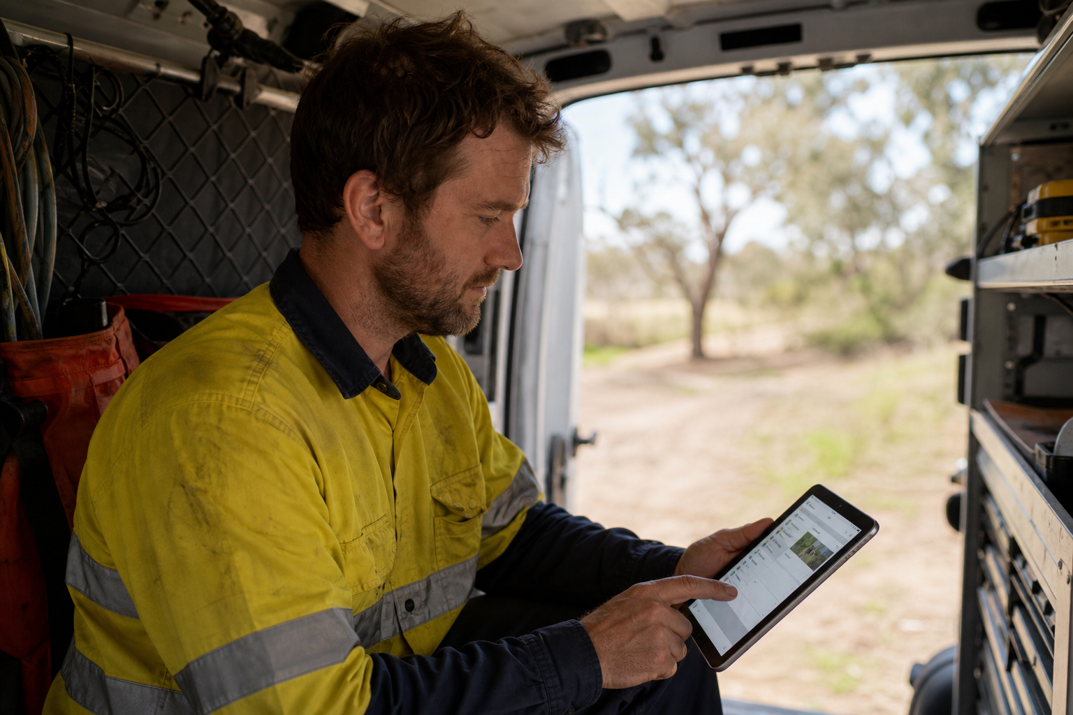 Mobile technician job view with asset history and digital sign-off capture